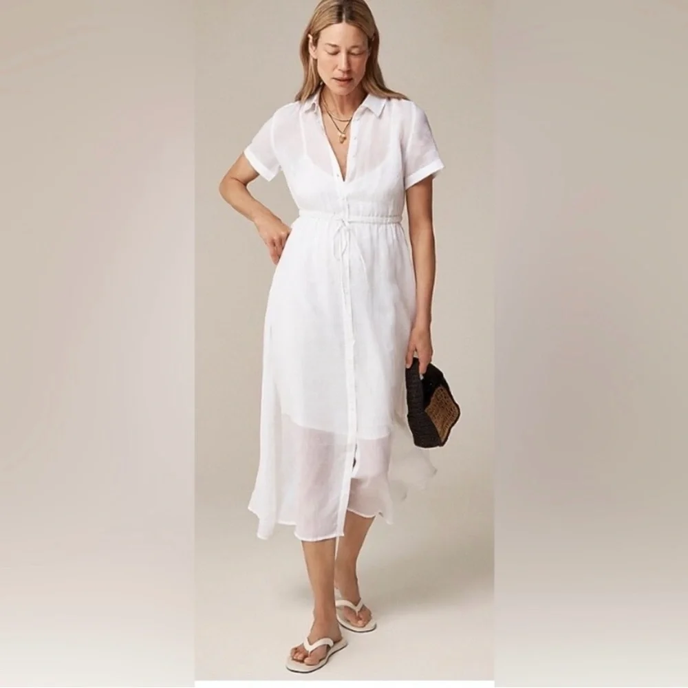NWT J. Crew Cerise Shirt-dress Ramie Midi Short Sleeve White